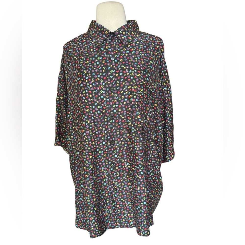 1990s Summa Silk Abstract Print 100% Silk Front Button Closure Blouse